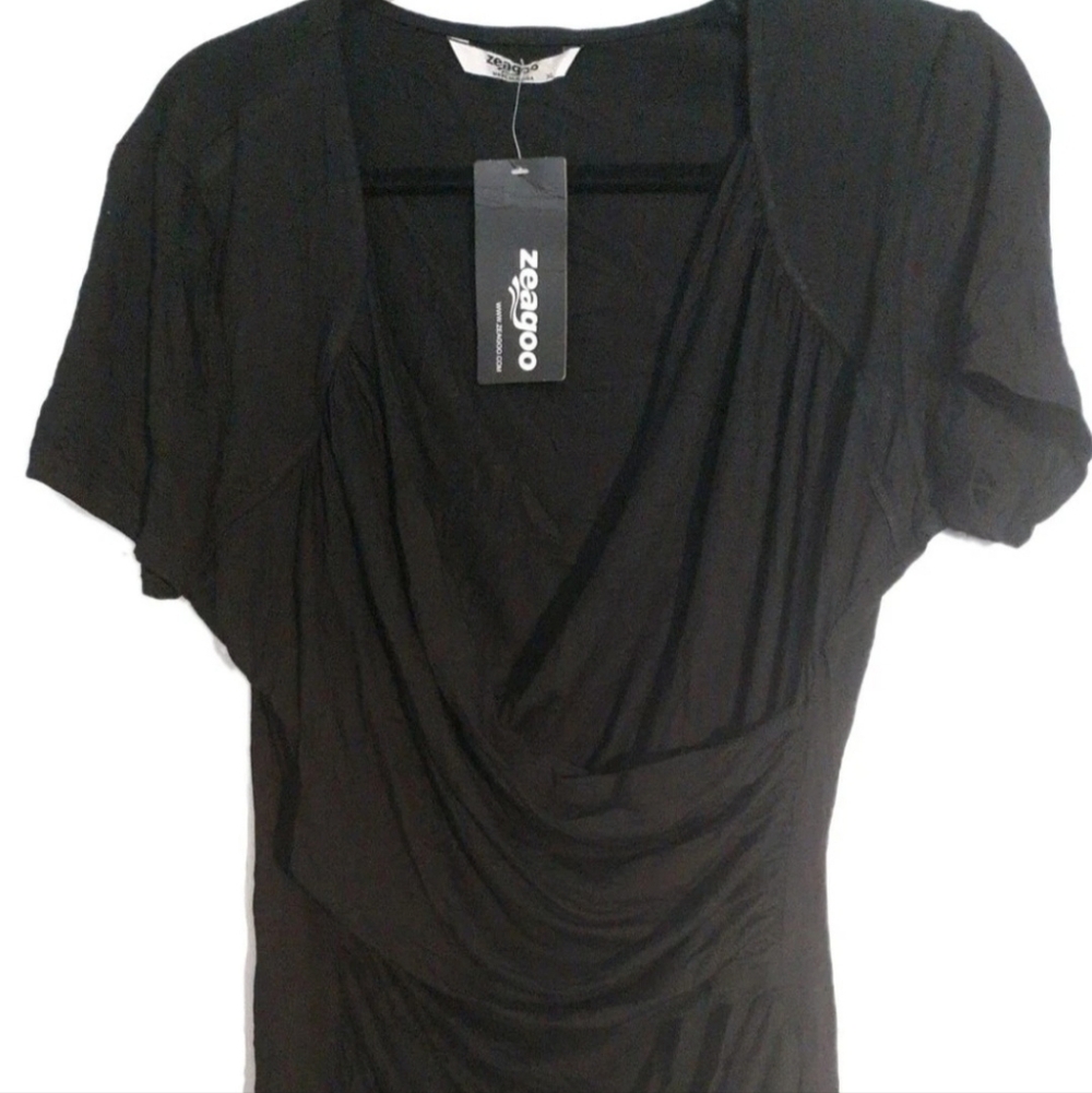 ZEAGOO Elegant Crossfront Scruncged Vneck Black Blouse Womans Size XL NWT